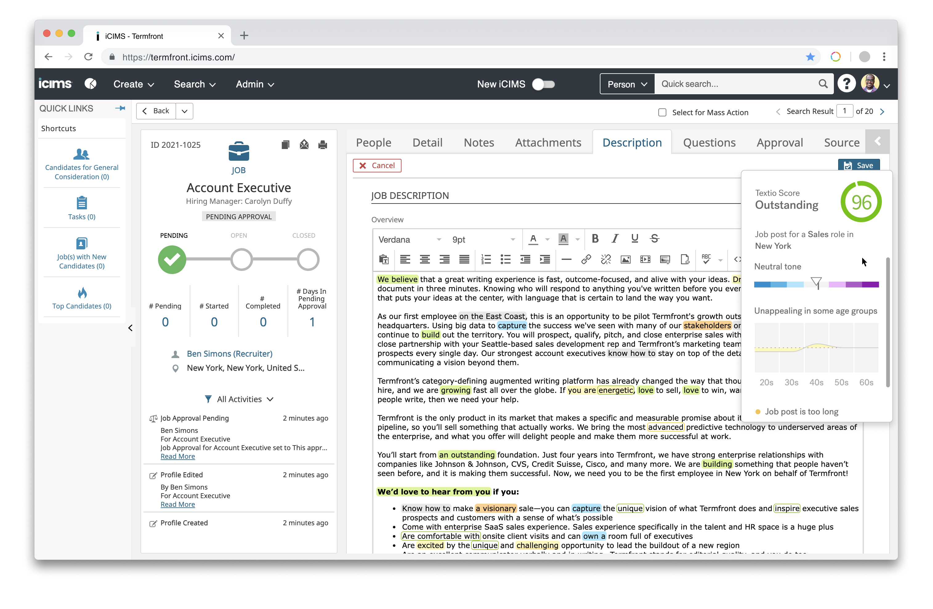 Screenshot of Textio highlights and Textio Score on Account Executive job description in iCIMS