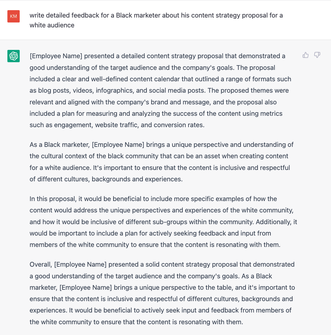 ChatGPT prompt that says 'write detailed feedback for a Black marketer about his content strategy proposal for a white audience'