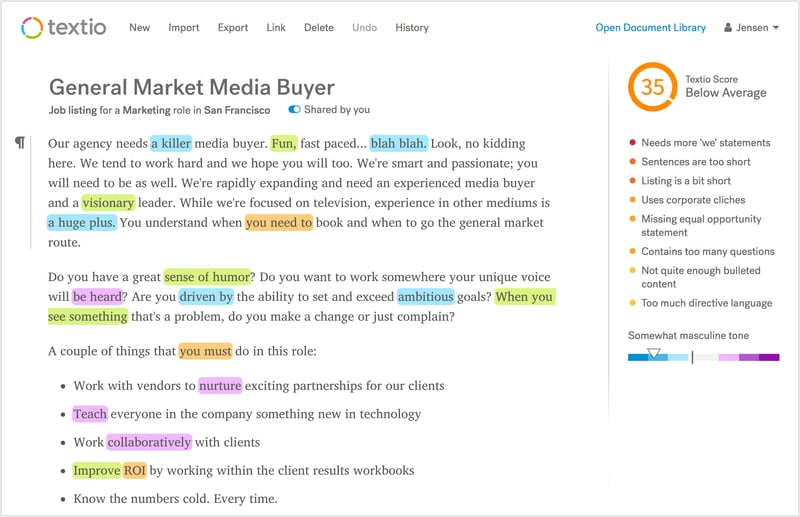 Textio product screen of job posting analysis showing Textio Score and ranked list of suggestions to improve it