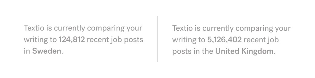 Screen shots of Textio's new feature showing how many similar job posts we are comparing your current document to