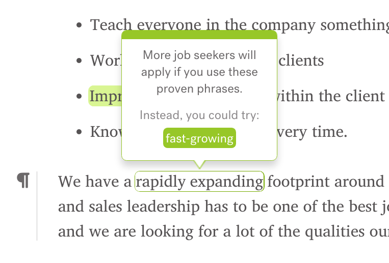 Screenshot of Textio's writing experience with a green outlined phrase hovered over to show an opportunity to change it to a green phrase