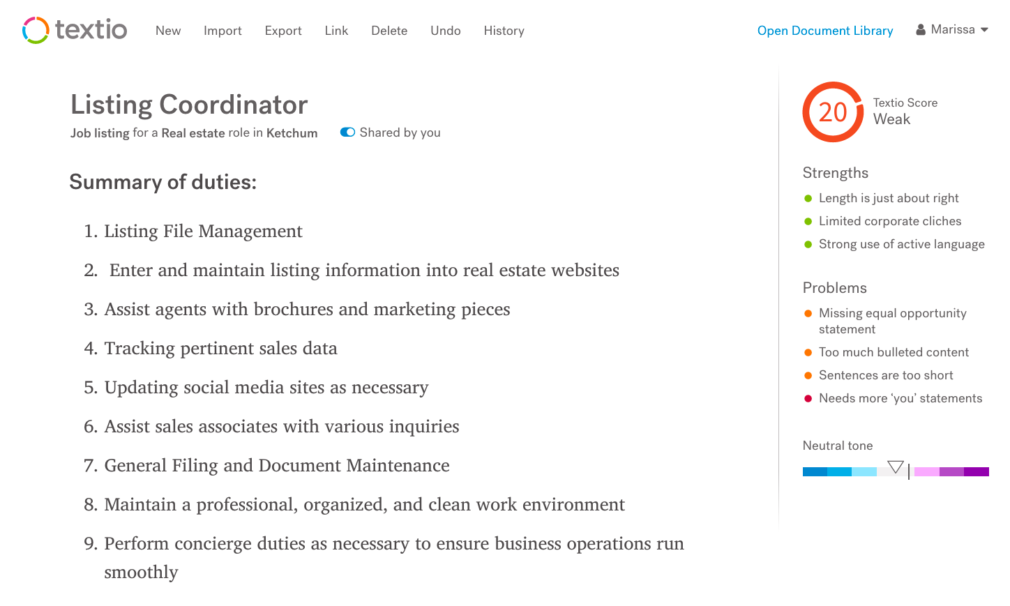 Textio product screen of job posting analysis for Listing Coordinator position at Sotheby's International, showing Weak Textio Score, Strengths list, Problems list, and Neutral tone scale ranking