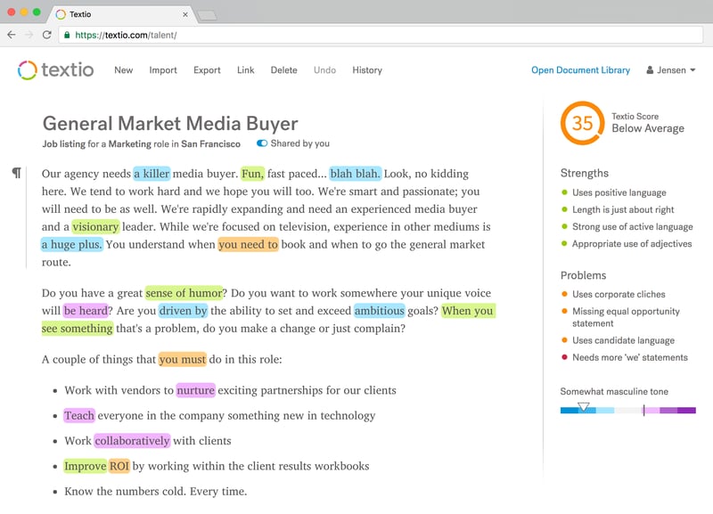 Screenshot of Textio's writing experience showing words highlighted for illustration
