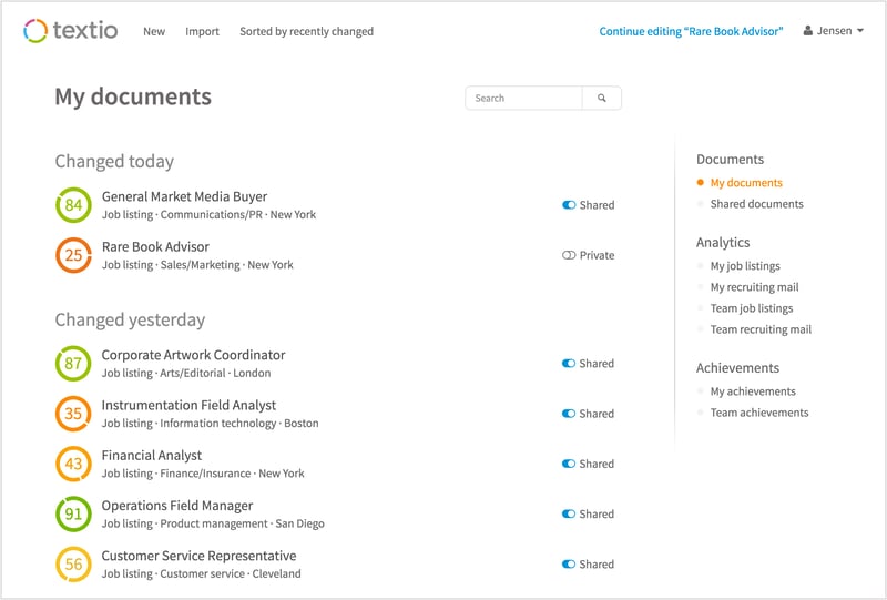 Screenshot of Textio's document library