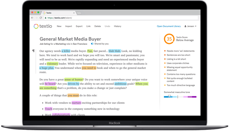 Screenshot of job listing analyzed in Textio with multiple highlighted words and phrase, Textio Score, list of needed improvements, and gender tone meter