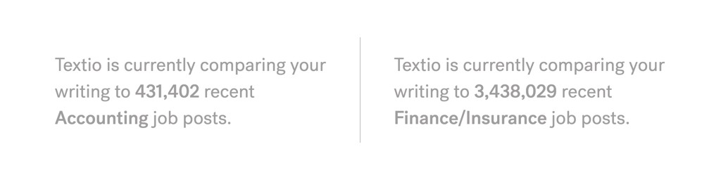 Screen shots of Textio's new feature showing how many similar job posts we are comparing your current document to