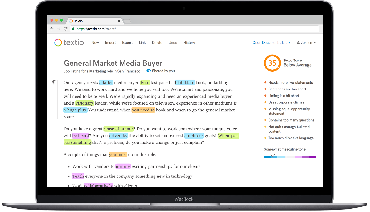 Screenshot of job listing analyzed in Textio with highlighted terms, Textio Score, list of scoring factors, and ranking on bias meter