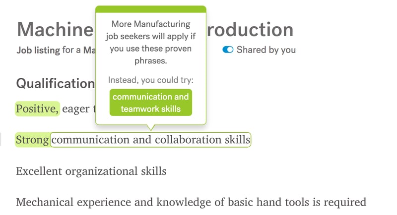 Screenshot of Textio's writing experience with a green outlined phrase hovered over to show an opportunity to change it to a green phrase for Manufacturing