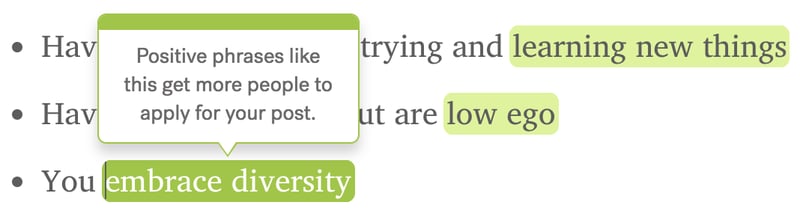 Green highlighted word with tool tip indicating this is a positive phrase to get more people to apply for your post