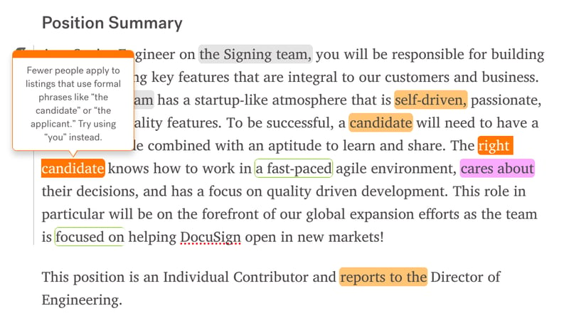 Screenshot of Textio's writing experience with an orange phrase hovered over showing a tooltip indicating fewer people apply to listings that use formal phrases like "the candidate" or "the applicant." Try using "you" instead