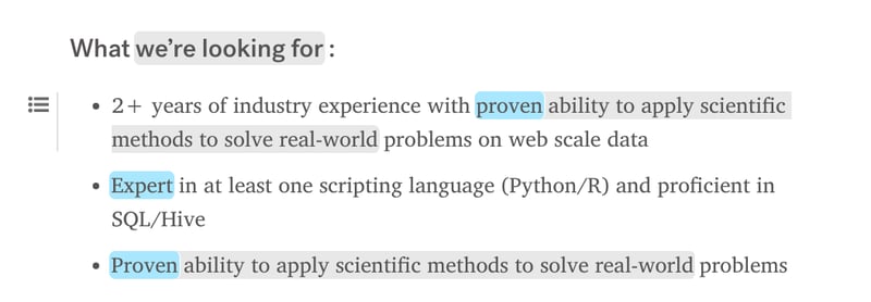 Image of Pinterest Data Engineering job ad analyzed in Textio, showing highlighted terms that are fixed-mindset language and statistically result in fewer women applicants