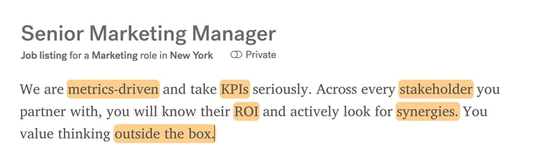 Screenshot of job listing analyzed in Textio with multiple orange phrases highlighted