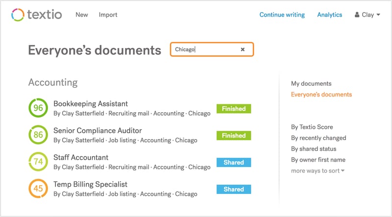 Screenshot of Textio's document library search functionality