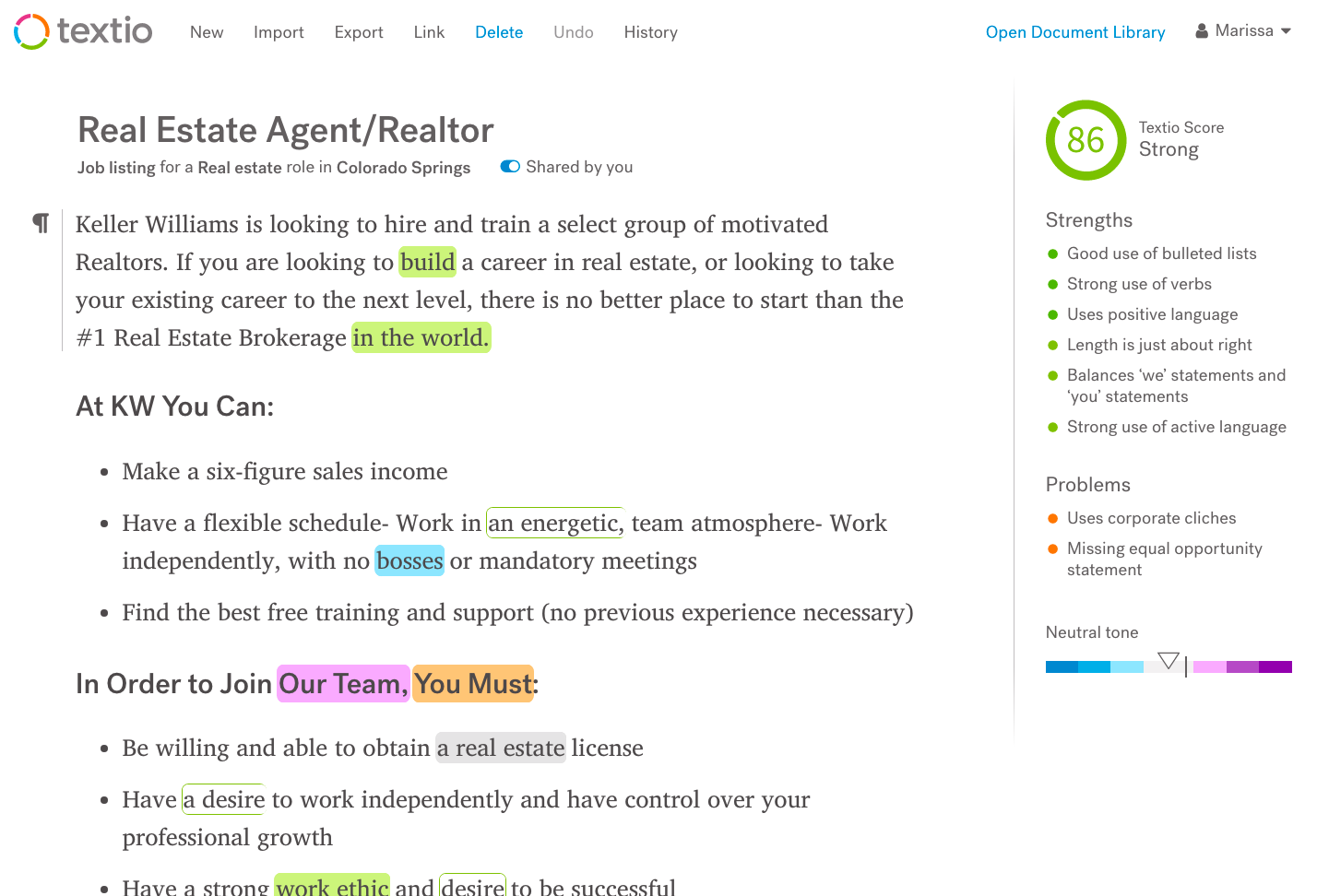 Textio product screen of job posting analysis for Real Estate Agent/Realtor position at Keller Williams, showing Strong Textio Score, Strengths list, Problems list, and Neutral tone scale ranking