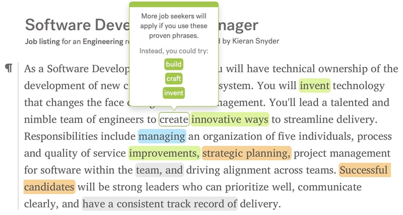 Screenshot of suggested alternative phrases in job post copy in Textio