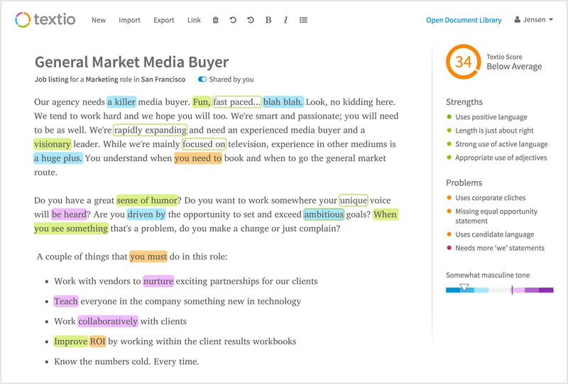 Screenshot of Textio's writing experience