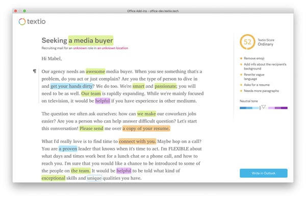 A screenshot of Textio for Outlook