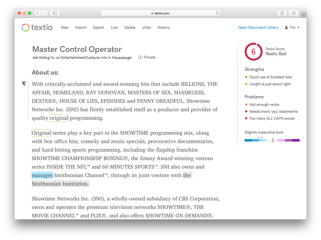 Textio product screen for job posting analysis of Master Control Operator role at Showtime featuring "Really Bad" Textio Score, Strengths list, Problems list, and "slightly masculine" tone on gender tone scale