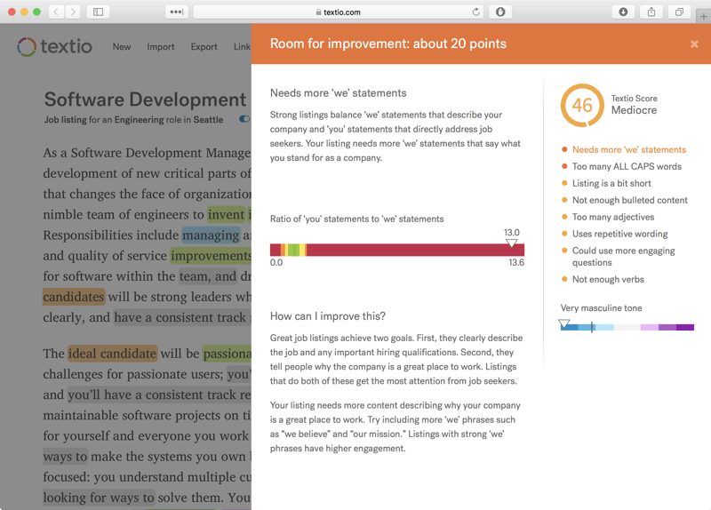 Screenshot of detail screen for top item in list of recommended updates to job post in Textio