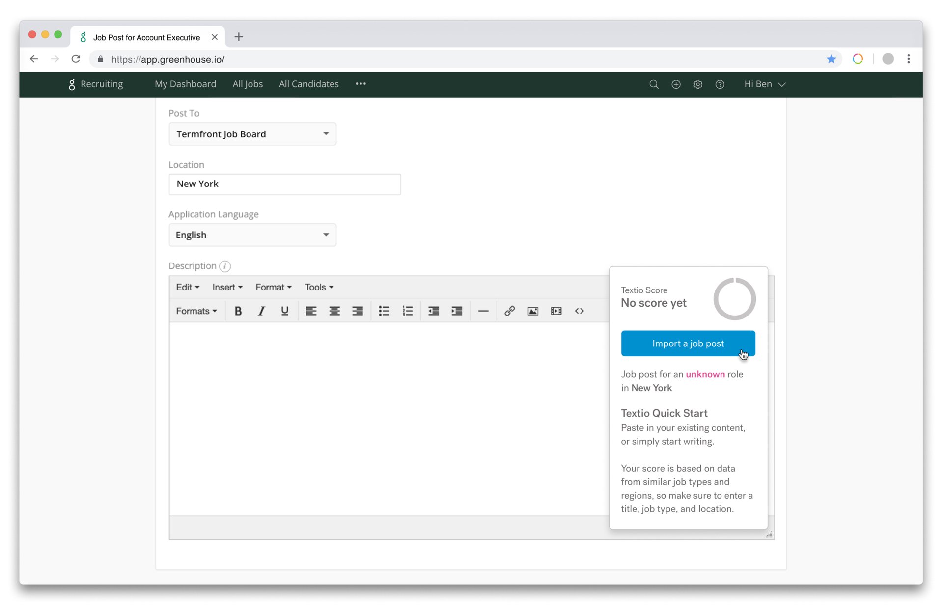 Greenhouse editor blank with blue Import a job post from Textio library button available