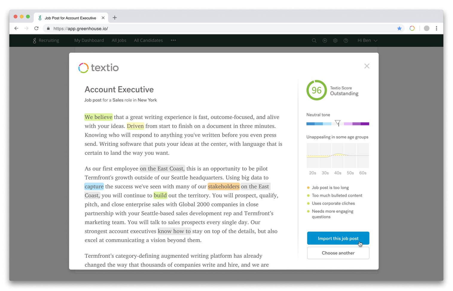 Greenhouse editor with Textio job post ready to Import from Textio library with button