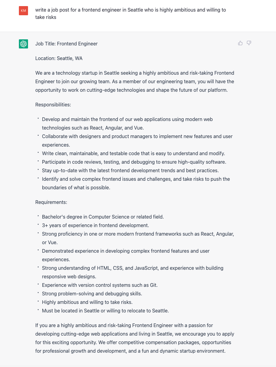 ChatGPT screenshot with the prompt "write a job post for a frontend engineer in Seattle"