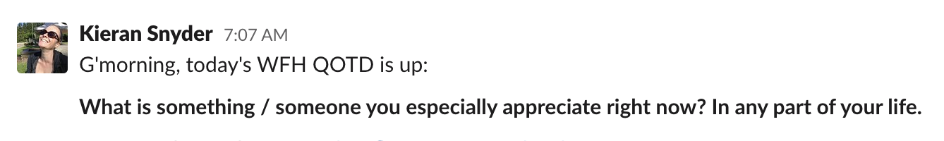Screenshot of Slack message featuring Textio WFH Question of the Day example