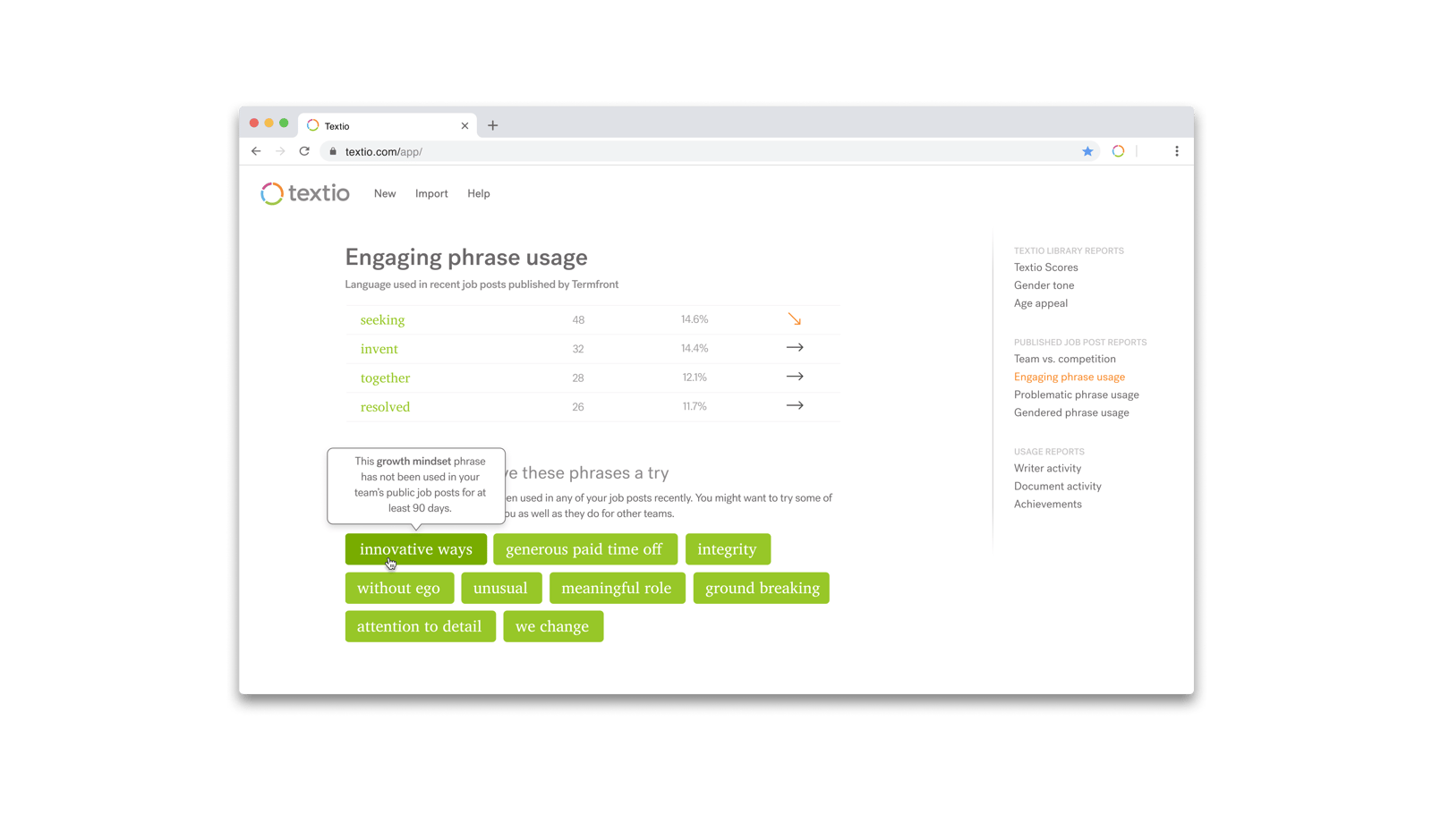 Textio engaging phrase usage report with tooltip over "innovative ways" with text "This growth mindset phrase has not been used in Termfront job posts for at least the last two quarters"