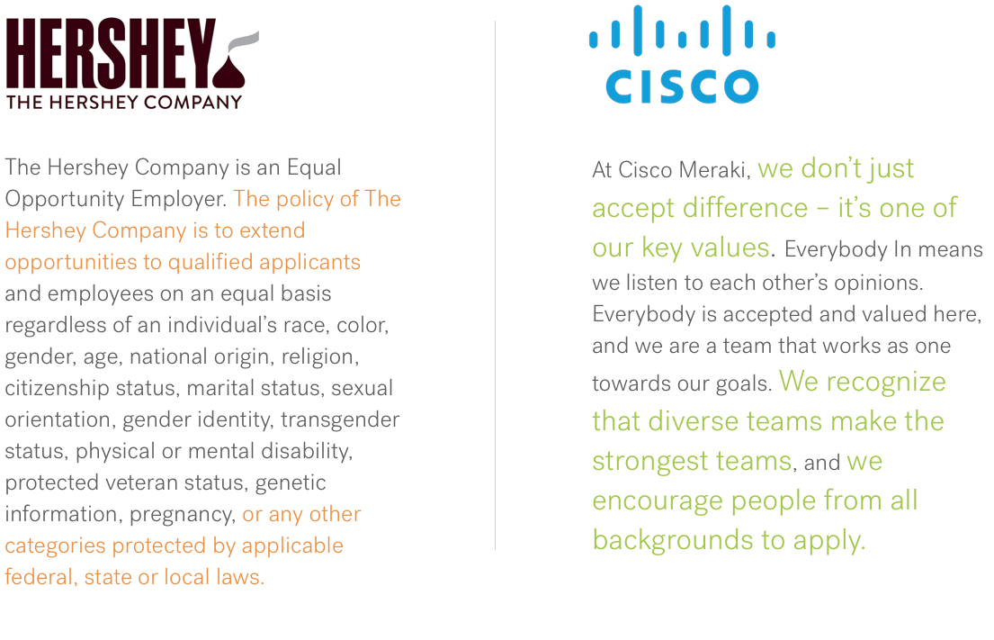 Two equal opportunity statements, one bad one good. The bad has orange highlights the good has green highlights. The bad: The Hershey Company is an Equal Opportunity Employer. The policy of The Hershey Company is to extend opportunities to qualified applicants and employees on an equal basis regardless of an individual's race, color, gender, age, national origin, religion, citizenship status, marital status, sexual orientation, gender identity, transgender status, physical or mental disability, protected veteran status, genetic information, pregnancy, or any other categories protected by applicable federal, state or local laws. The good: At Cisco Meraki, we don't just accept differences - it's one of our key values. Everybody In means we listen to each other's opinions. Everybody is accepted and valued here, and we are a team that works as one towards our goals. We recognize that diverse teams make the strongest teams, and we encourage people from all backgrounds to apply.