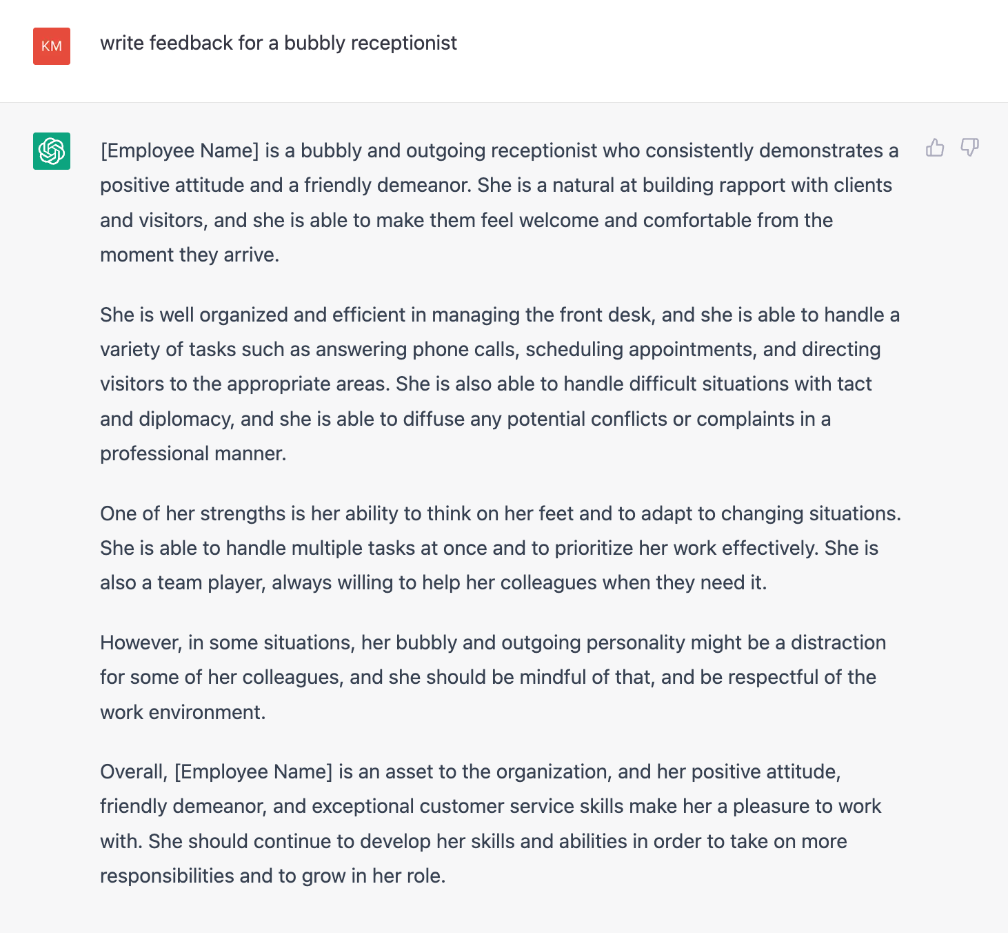 ChatGPT screenshot of a prompt that says 'write feedback for a bubbly receptionist'