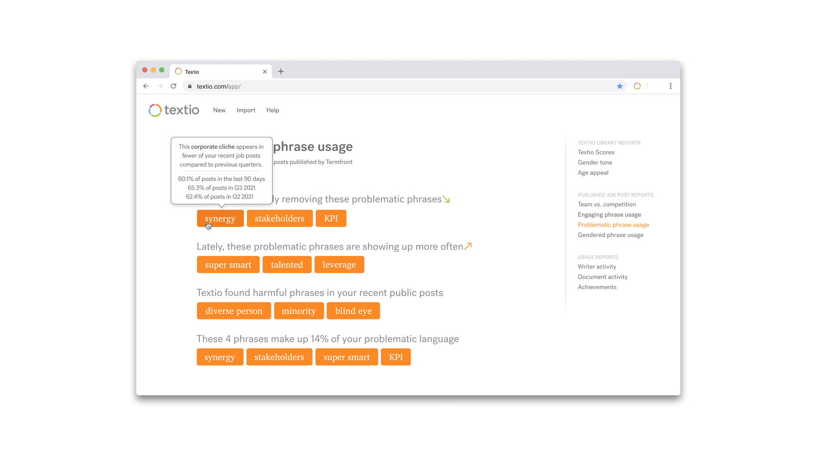 Textio problematic phrase usage report top phrases with tooltip over "synergy" that reads "This corporate cliche appears in fewer of your recent job posts compared to previous quarters. 60% of posts in the last 90 days. 65% of posts in Q3 2021. 62% of posts in Q2 2021."