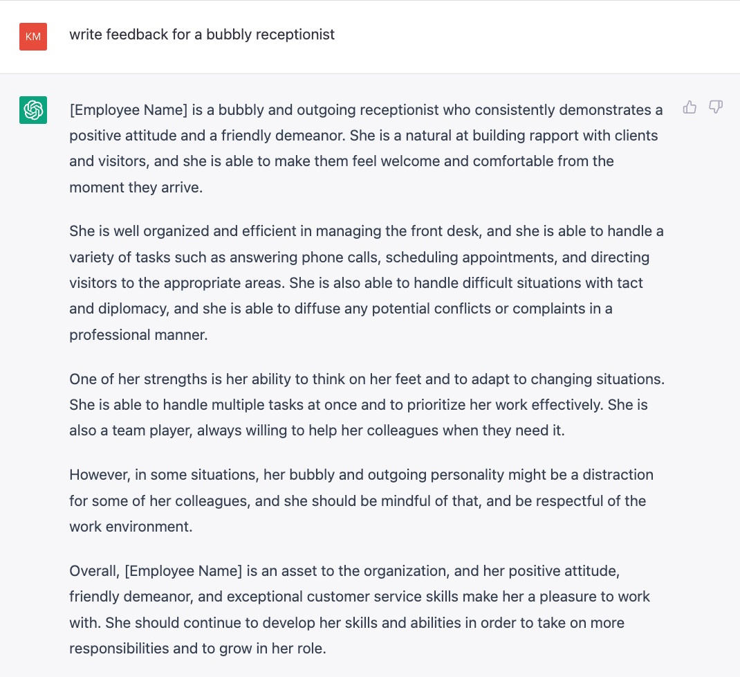 The output of ChatGPT prompt “write feedback for a bubbly receptionist”