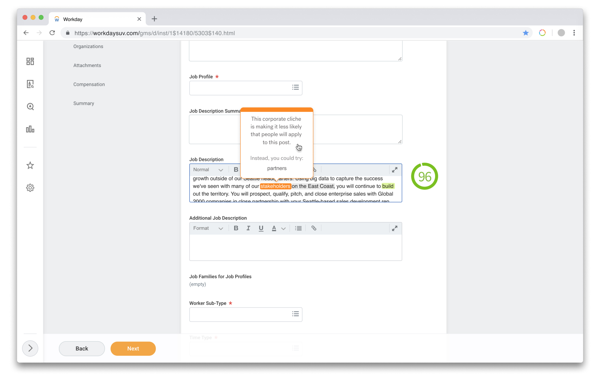 Textio in-product screenshot of language guidance within Workday