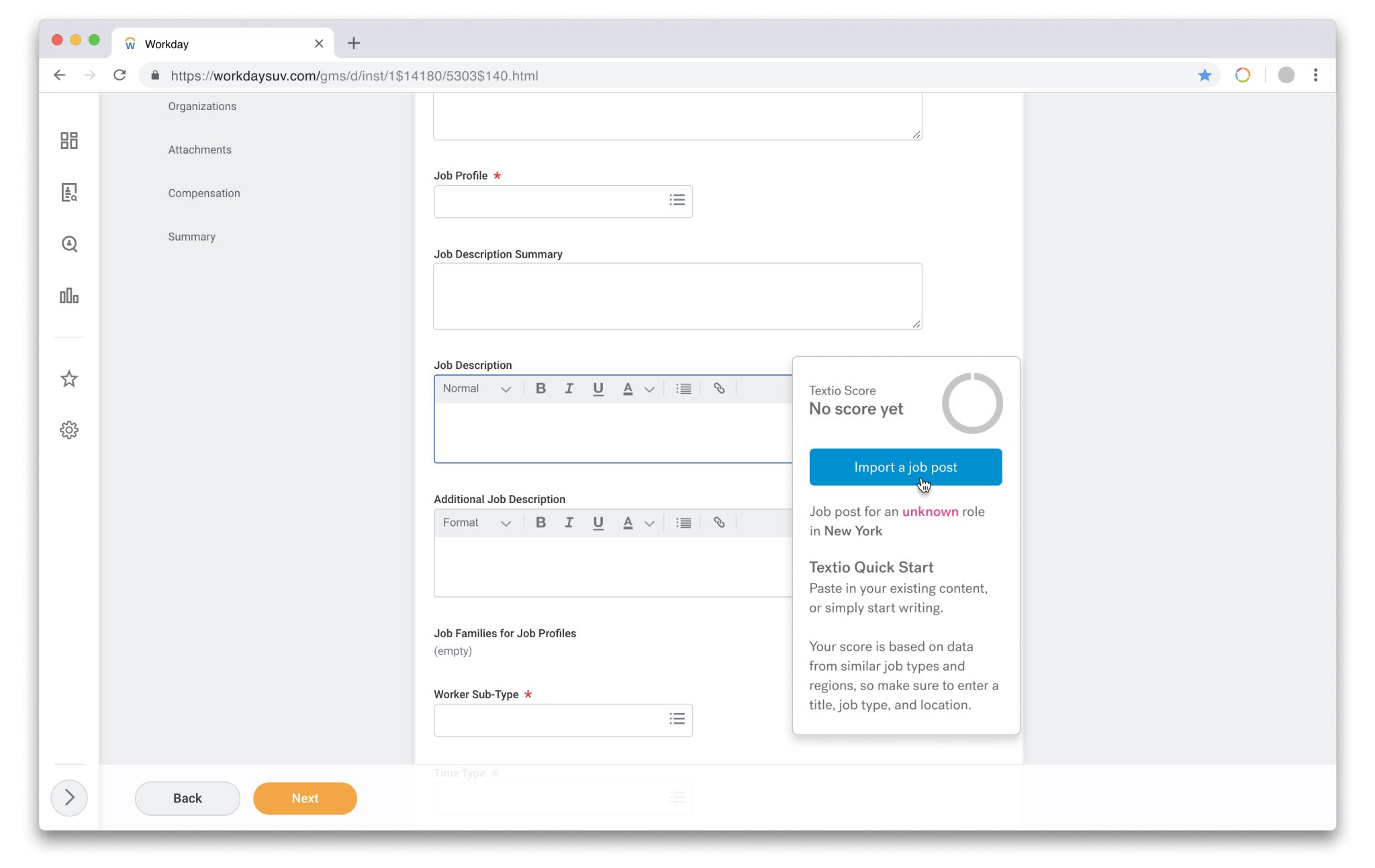 Textio in-product screenshot of "Import a job post" functionality in Workday integration