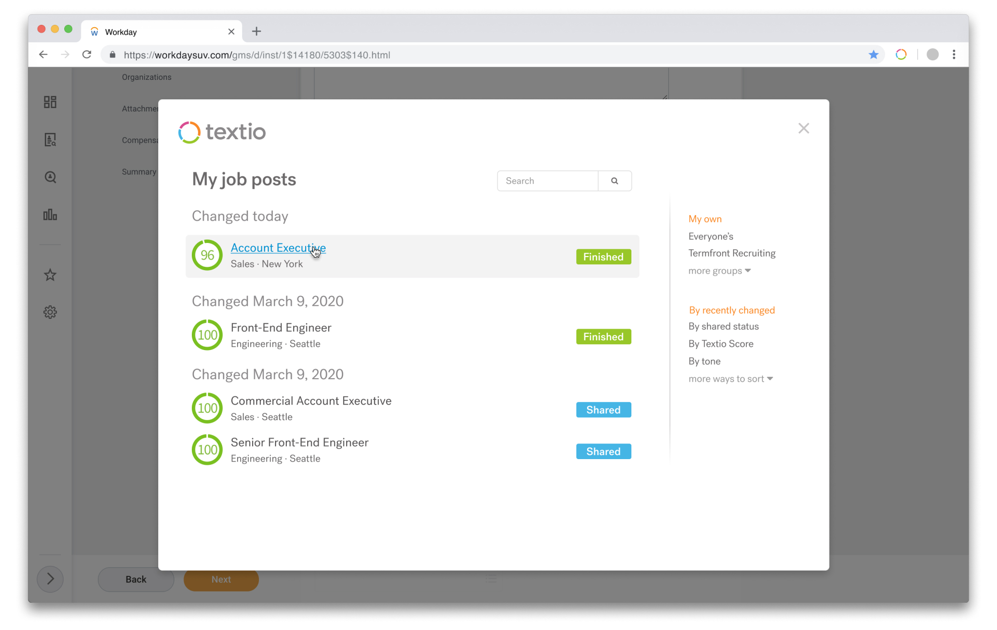 Textio in-product screenshot of Textio "My job posts" within Workday