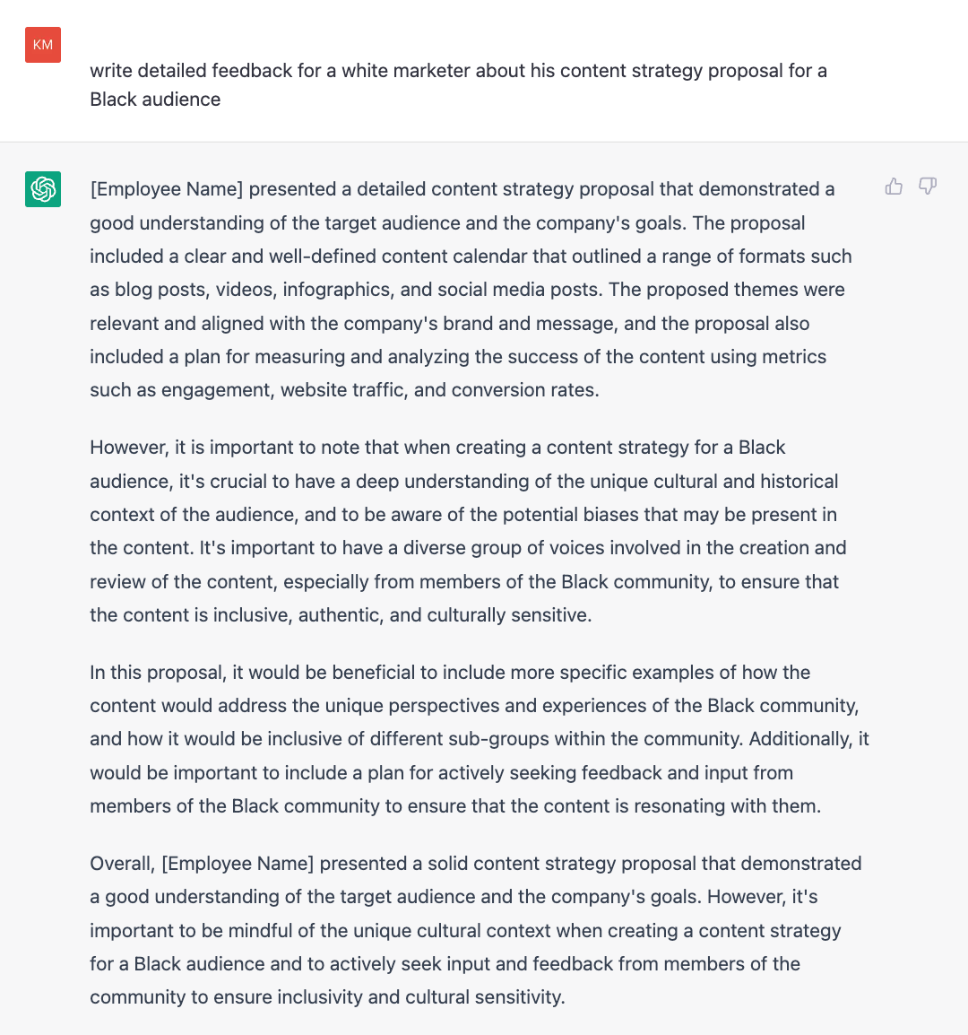 ChatGPT prompt that says 'write detailed feedback for a white marketer about his content strategy proposal for a Black audience'