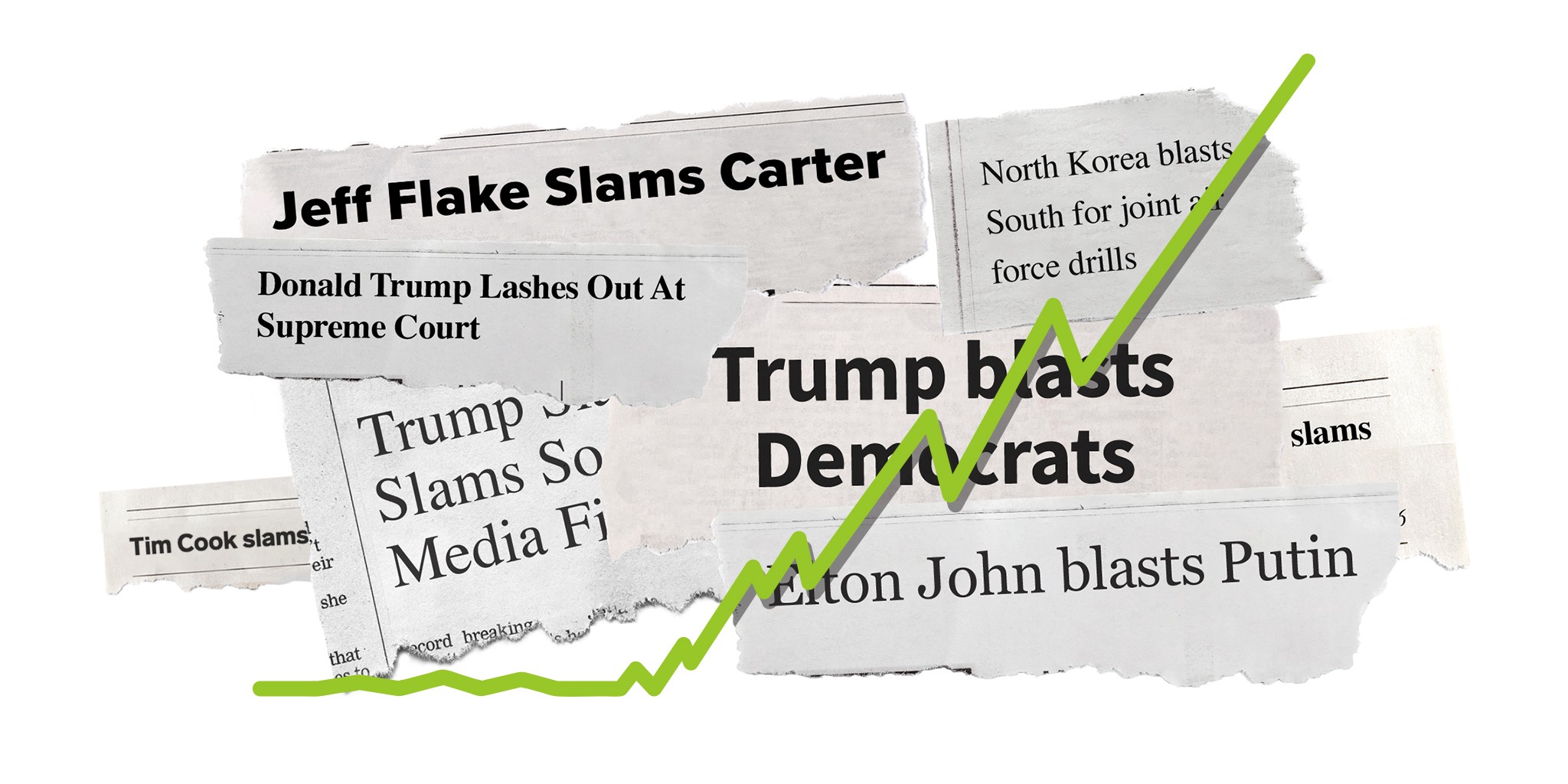 Clippings of newspaper headlines with a green line going up and to the right showing an increase