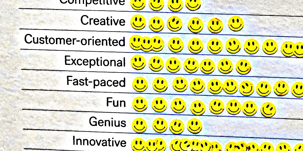 Words with smilie face stickers to vote for which words represent culture at voter