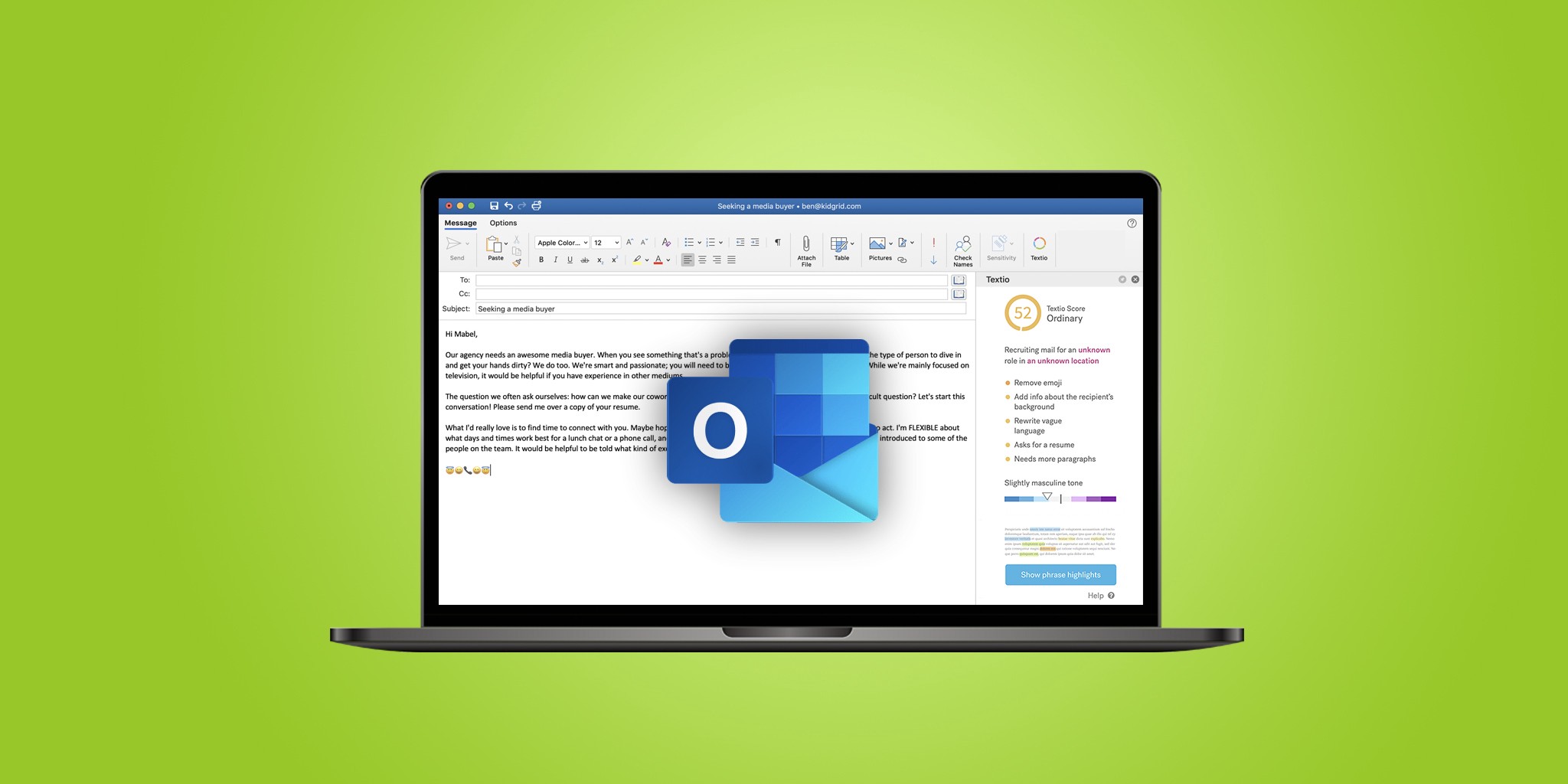 Screen shot of Textio inside of outlook pictured on a mac book pro