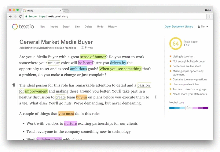 Animated gif of Textio's writing experience, user hovers over an orange phrase and clicks on a suggestion in the tooltip to change it