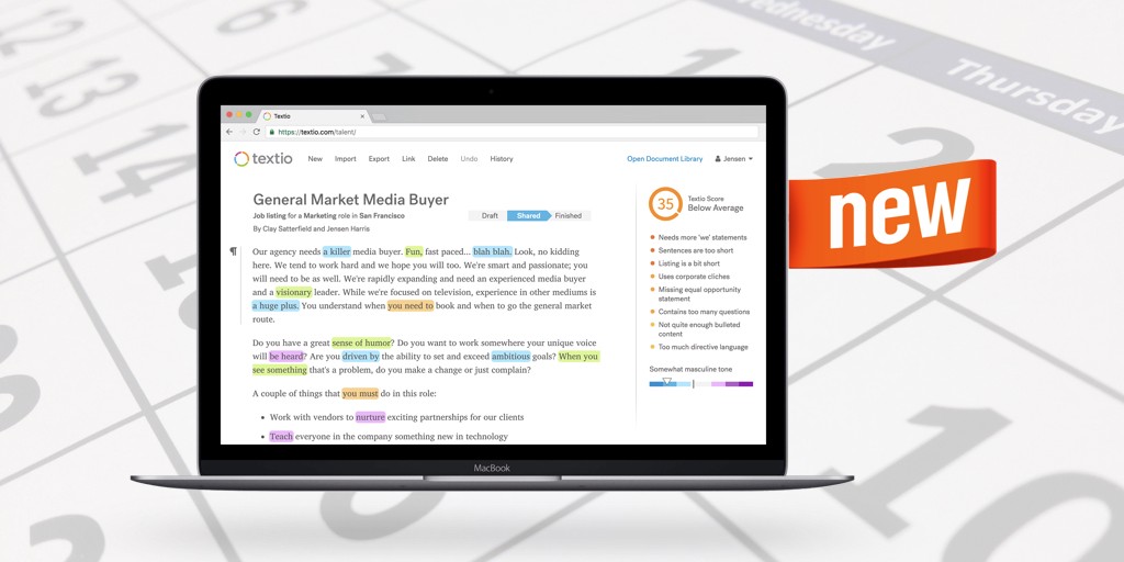 Image of a mac book pro on top of a calendar with the Textio writing experience displayed and a new tag attached