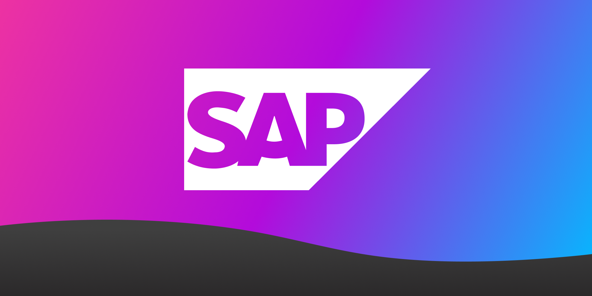 SAP logo over fuchsia to purple gradient background with black "wave" at the bottom