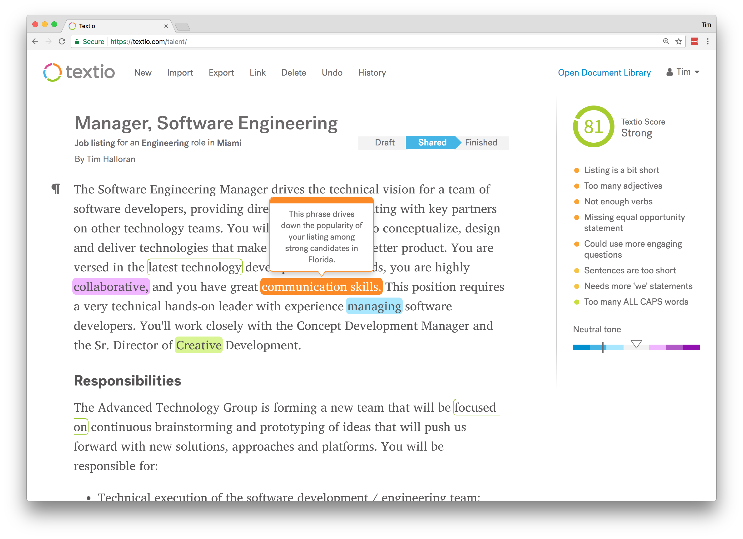 Screenshot of Textio's writing experience with an orange phrase hover and tooltip that shows the phrase drives down popularity among strong candidates in Florida