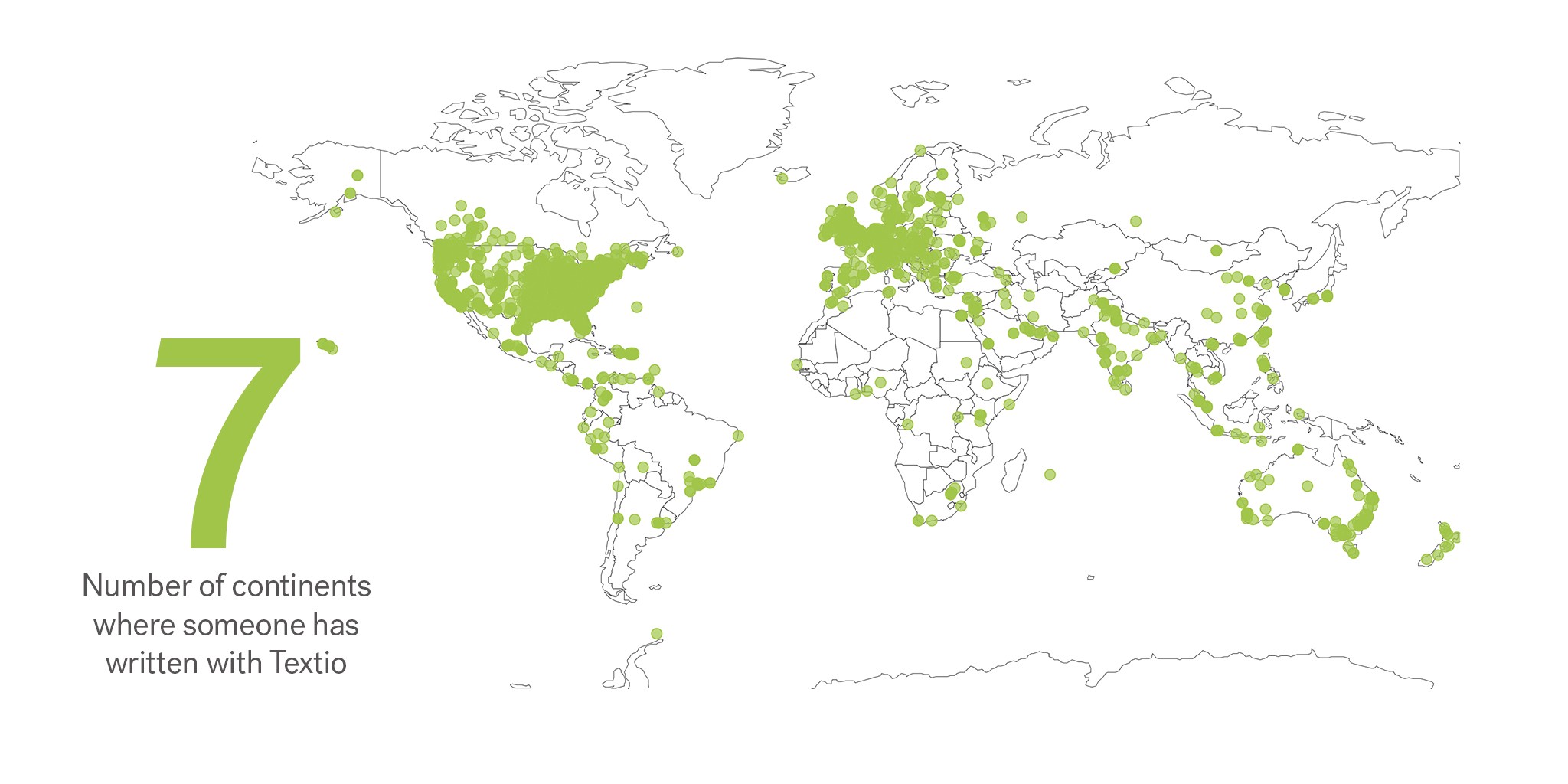 A map showing the 7 continents where someone has written with Textio