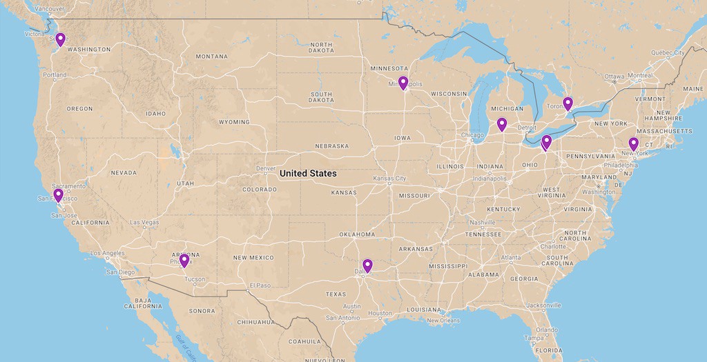 Map of the United States with pins for the Top 10 Companies in the Textio Index