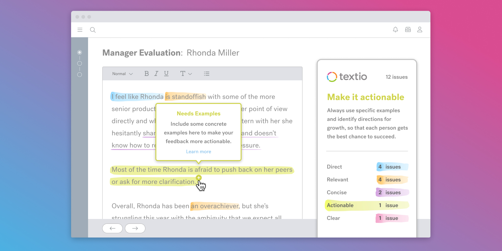 Textio for performance management product. Feedback in the Textio editor, and tooltip of Textio feedback suggestions on the right.