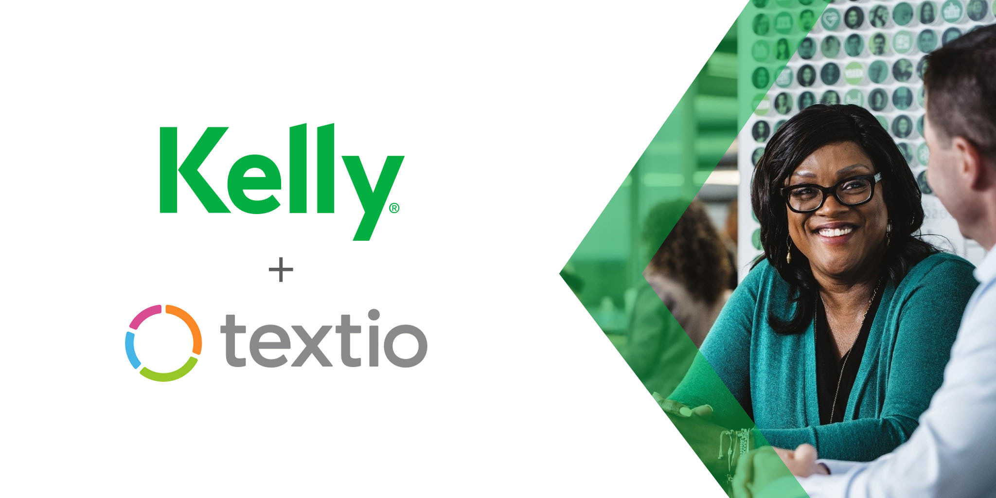 Kelly Services and Textio logo lockup with image of two Kelly employees talking